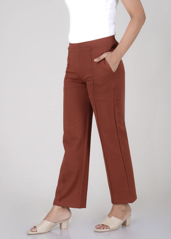 Rust Cotton Wide Flared All-Day Trousers for Women – Comfortable Work & Casual Wear