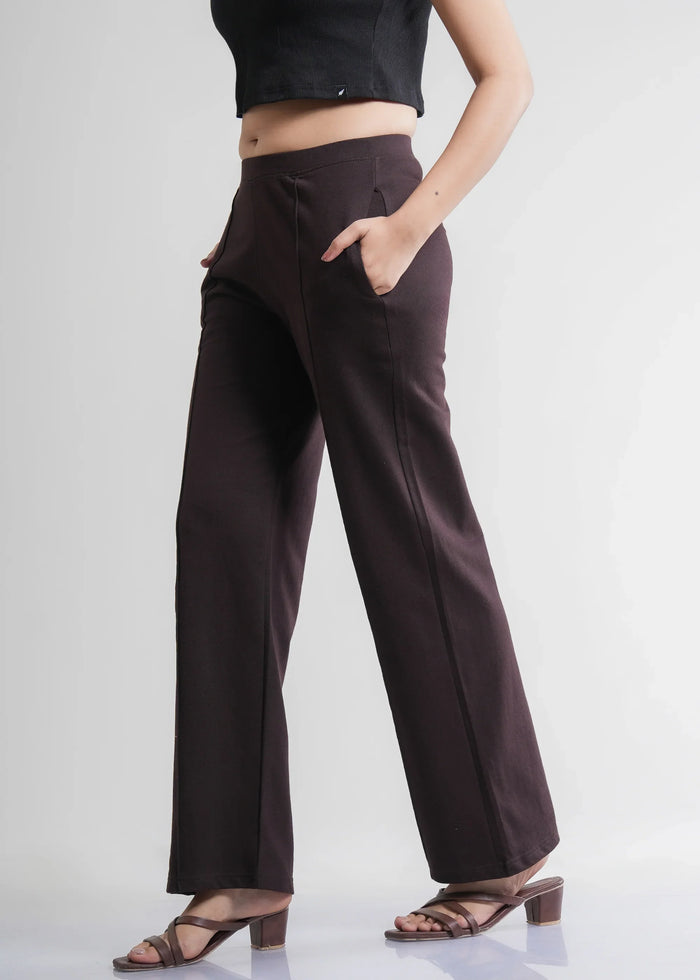 Flurr Women's Brown Cotton Wide Leg Trousers - Comfortable Work & Casual Wear