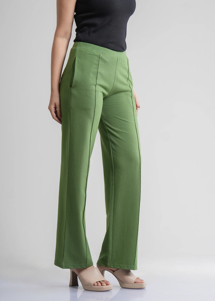 Flurr Women's Green Cotton Wide Leg Trousers - Comfortable Work & Casual Wear