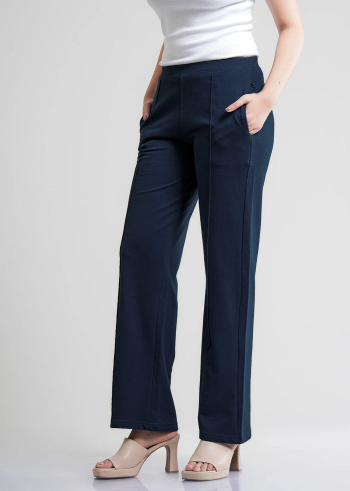 Navy Cotton Wide Flared All-Day Trousers for Women – Comfortable Work & Casual Wear