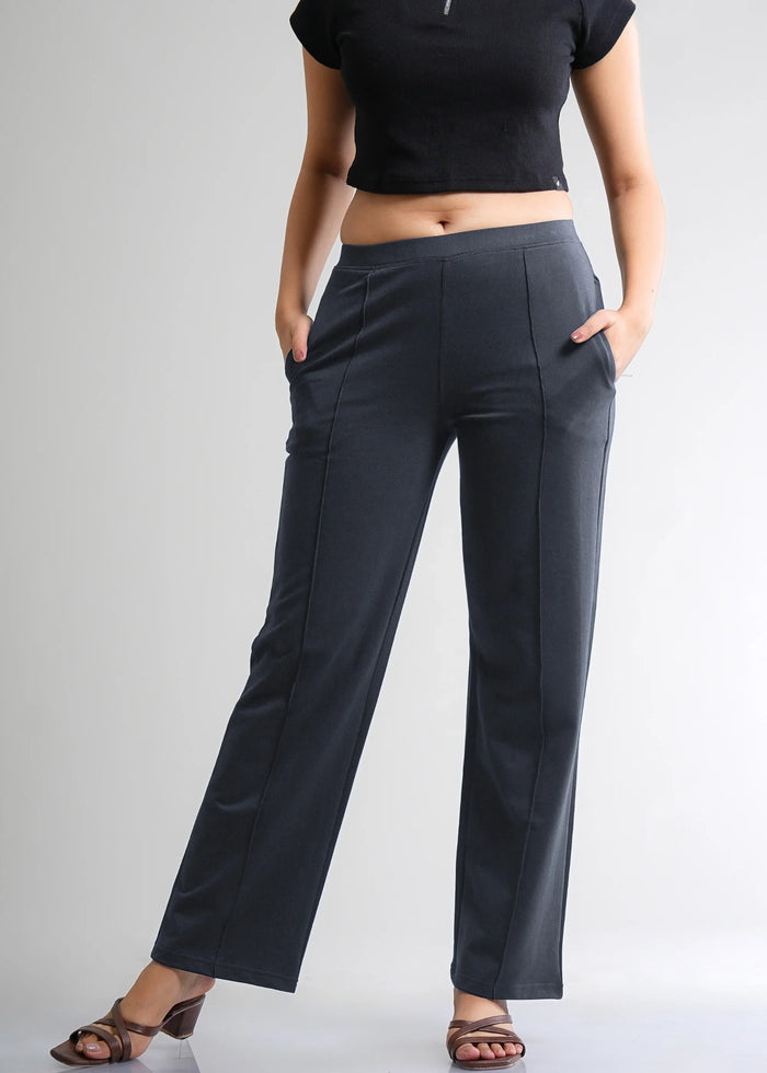 Dark Gray Cotton Wide Flared All-Day Trousers for Women – Comfortable Work & Casual Wear