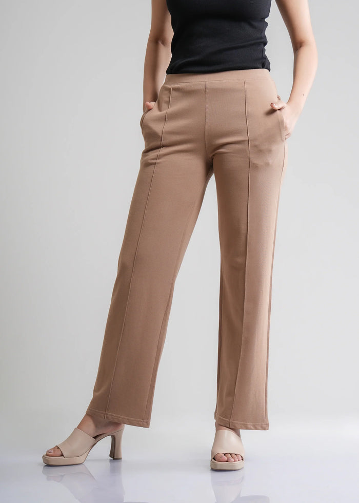 Beige Cotton Wide Flared All-Day Trousers for Women – Comfortable Work & Casual Wear