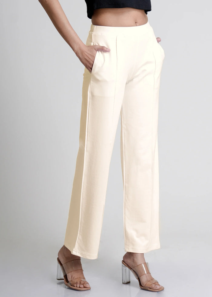 Off-White Cotton Wide Flared All-Day Trousers for Women – Comfortable Work & Casual Wear