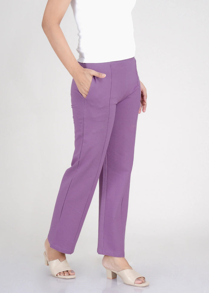 Purple Cotton Pintuck Wide Flared All-Day Trousers for Women – Comfortable Work & Casual Wear