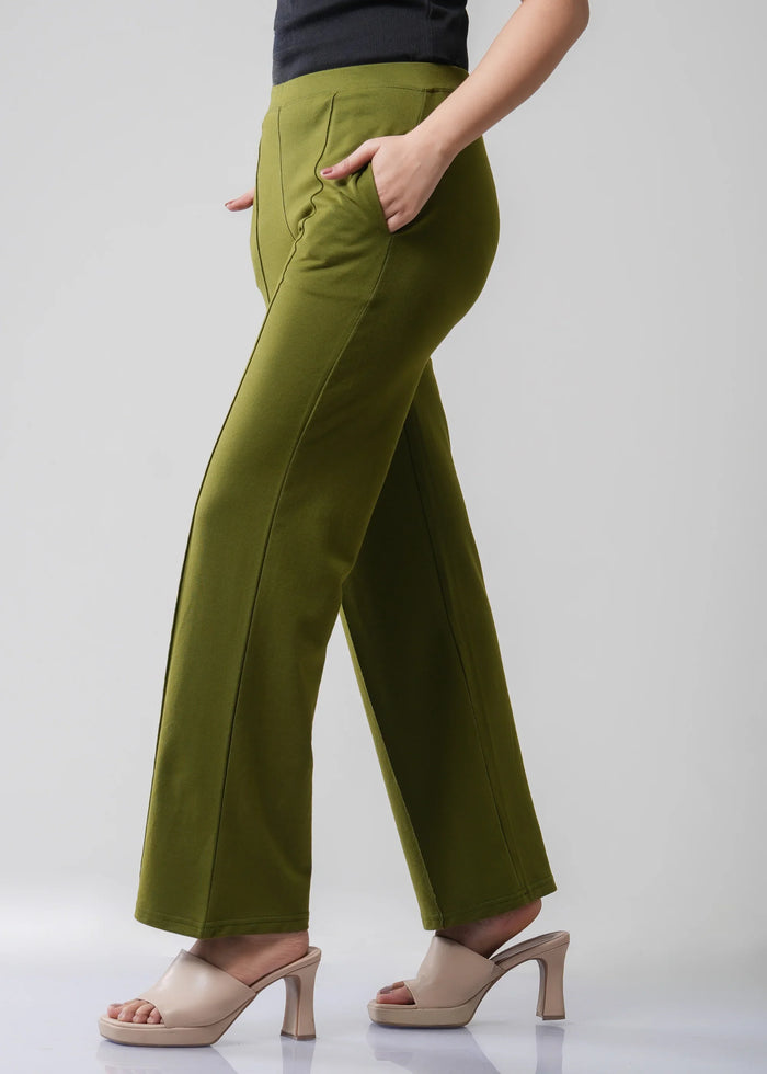 Dark Olive Wide Flared All-Day Trousers for Women – Comfortable Work & Casual Wear