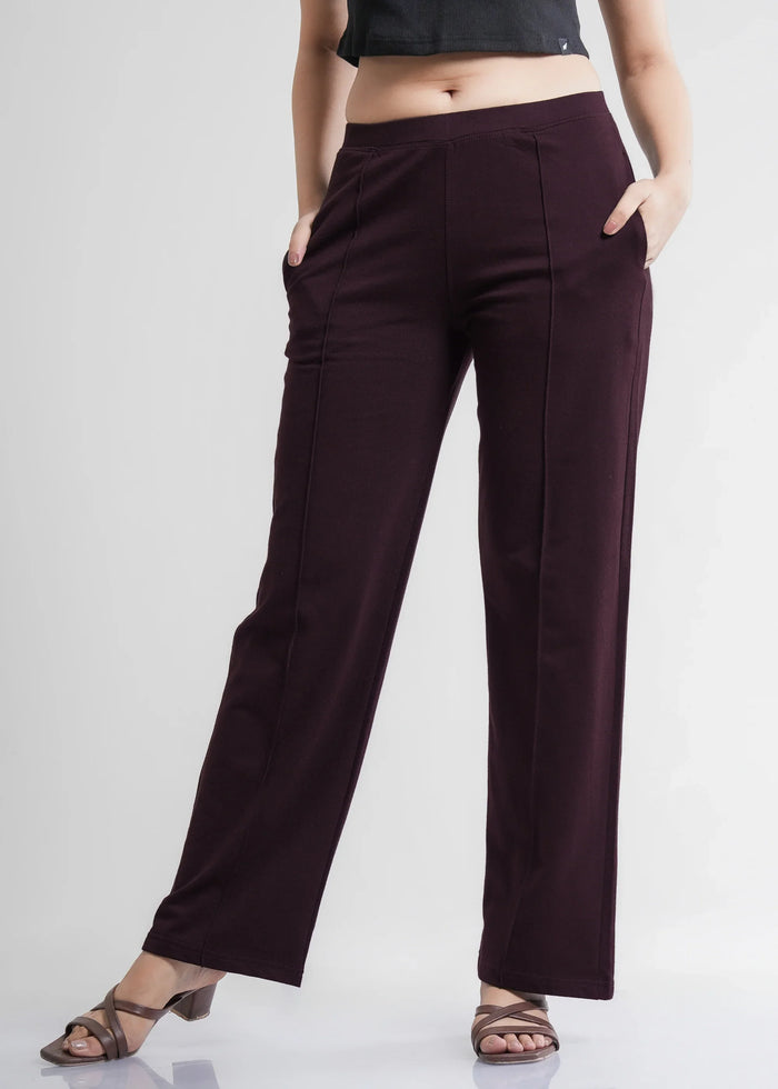 Flurr Women's Wine Cotton Wide Leg Trousers - Comfortable Work & Casual Wear