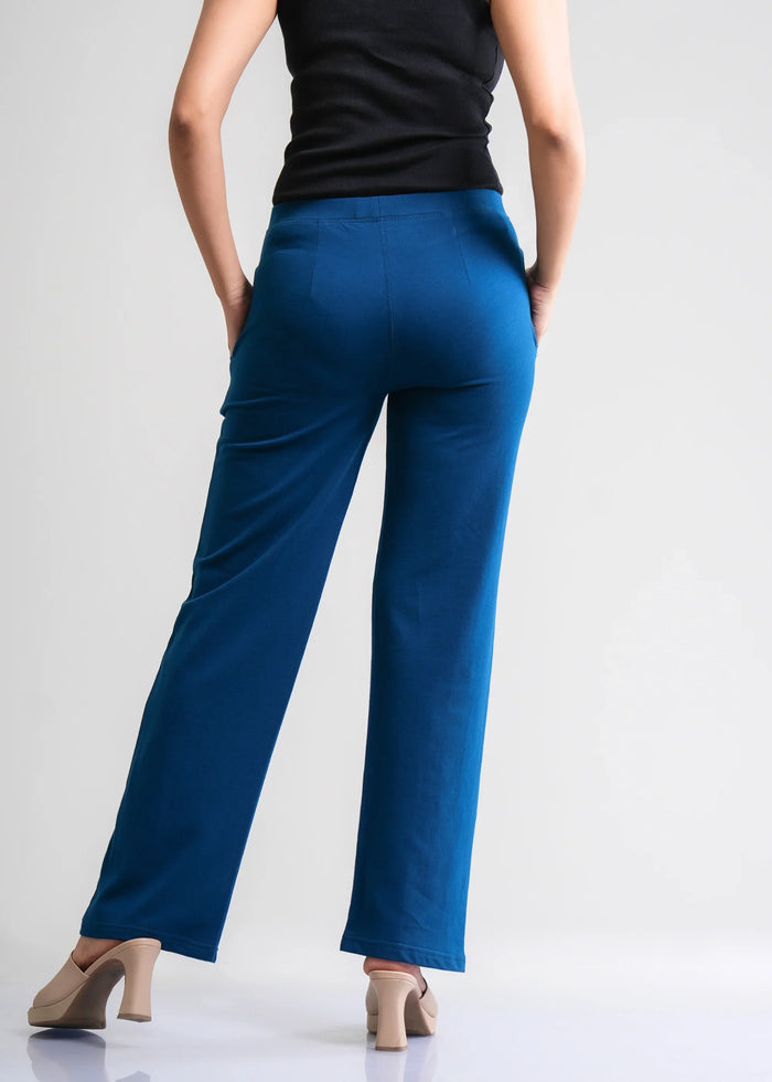Flurr Women's Blue Cotton Wide Leg Trousers - Comfortable Work & Casual Wear