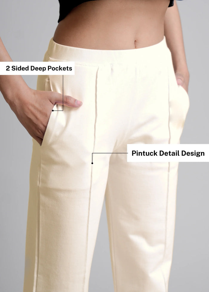 Off-White Cotton Wide Flared All-Day Trousers for Women – Comfortable Work & Casual Wear