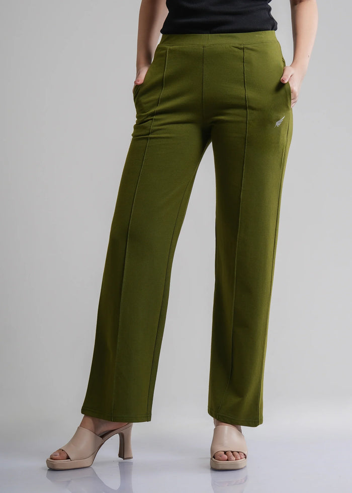 Dark Olive Wide Flared All-Day Trousers for Women – Comfortable Work & Casual Wear