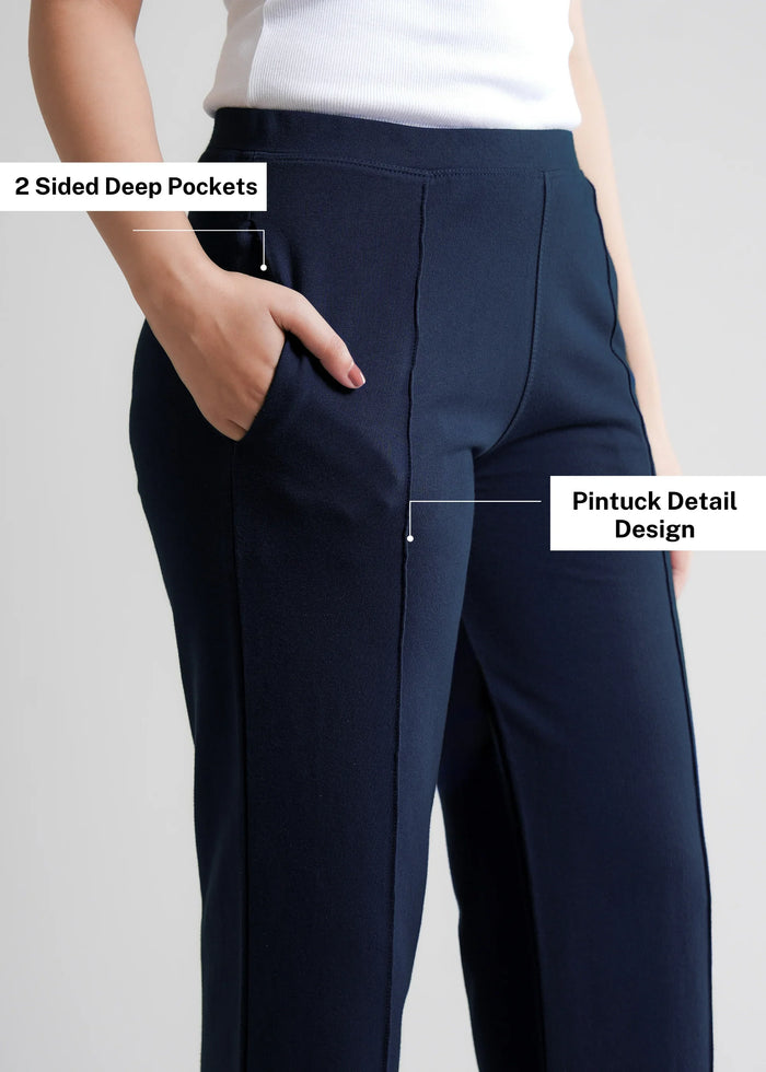 Navy Cotton Wide Flared All-Day Trousers for Women – Comfortable Work & Casual Wear
