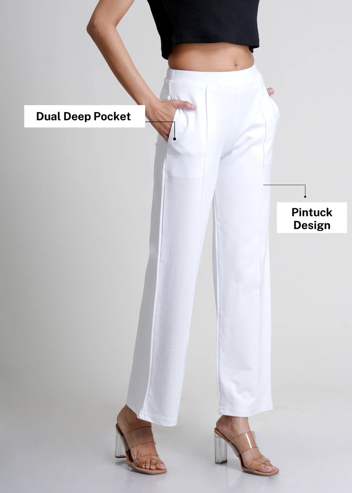White Cotton Wide Flared All-Day Trousers for Women – Comfortable Work & Casual Wear