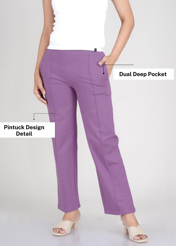 Purple Cotton Pintuck Wide Flared All-Day Trousers for Women – Comfortable Work & Casual Wear