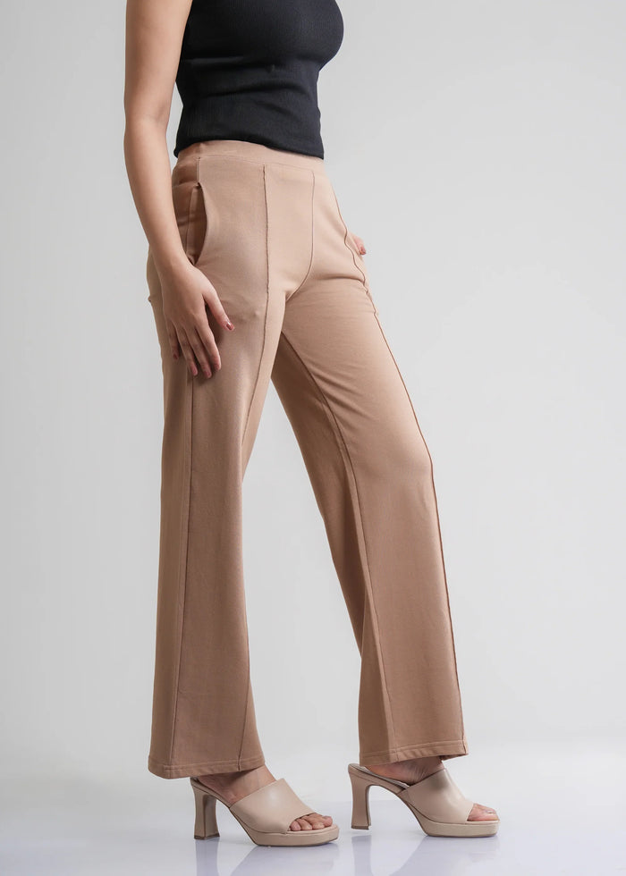 Beige Cotton Wide Flared All-Day Trousers for Women – Comfortable Work & Casual Wear