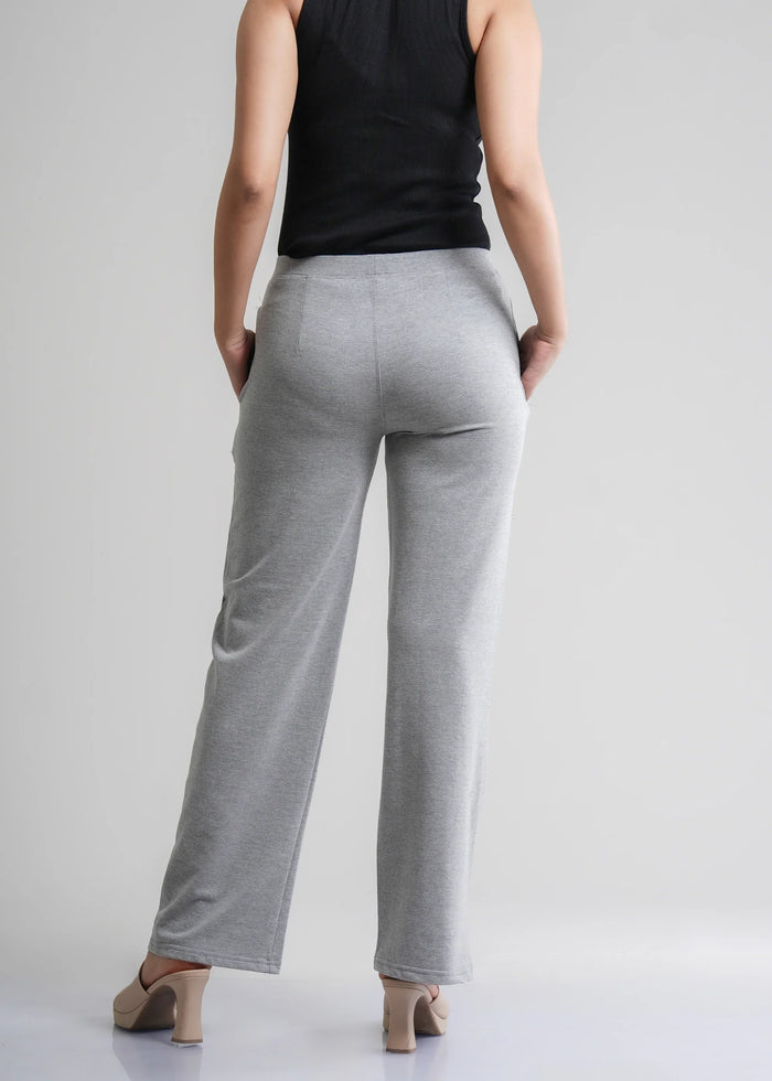 Flurr Women's Light Grey Cotton Wide Leg Trousers - Comfortable Work & Casual Wear