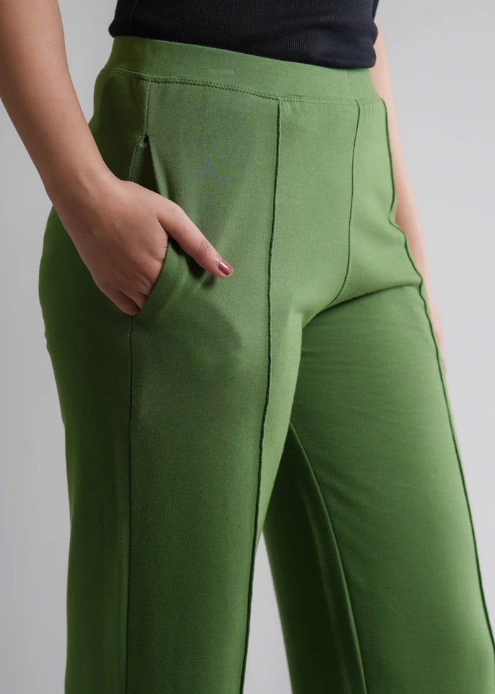 Flurr Women's Green Cotton Wide Leg Trousers - Comfortable Work & Casual Wear