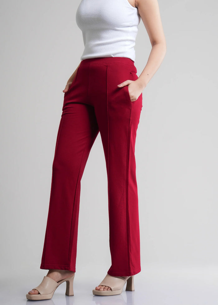 Flurr Women's Red Cotton Wide Leg Trousers - Comfortable Work & Casual Wear