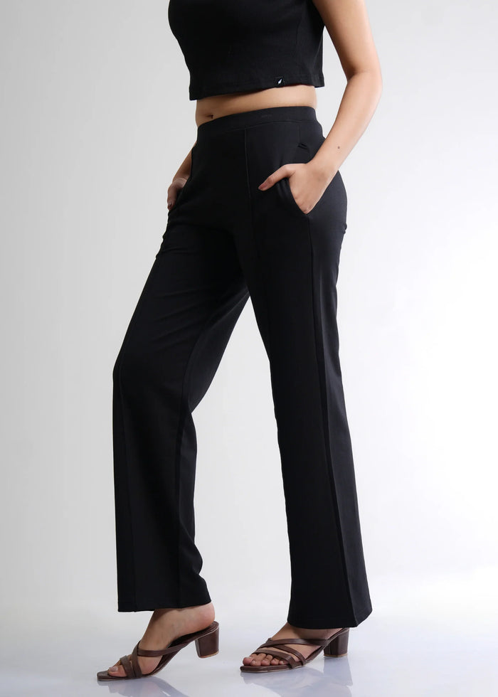 Flurr Women's Black Cotton Wide Leg Trousers - Comfortable Work & Casual Wear