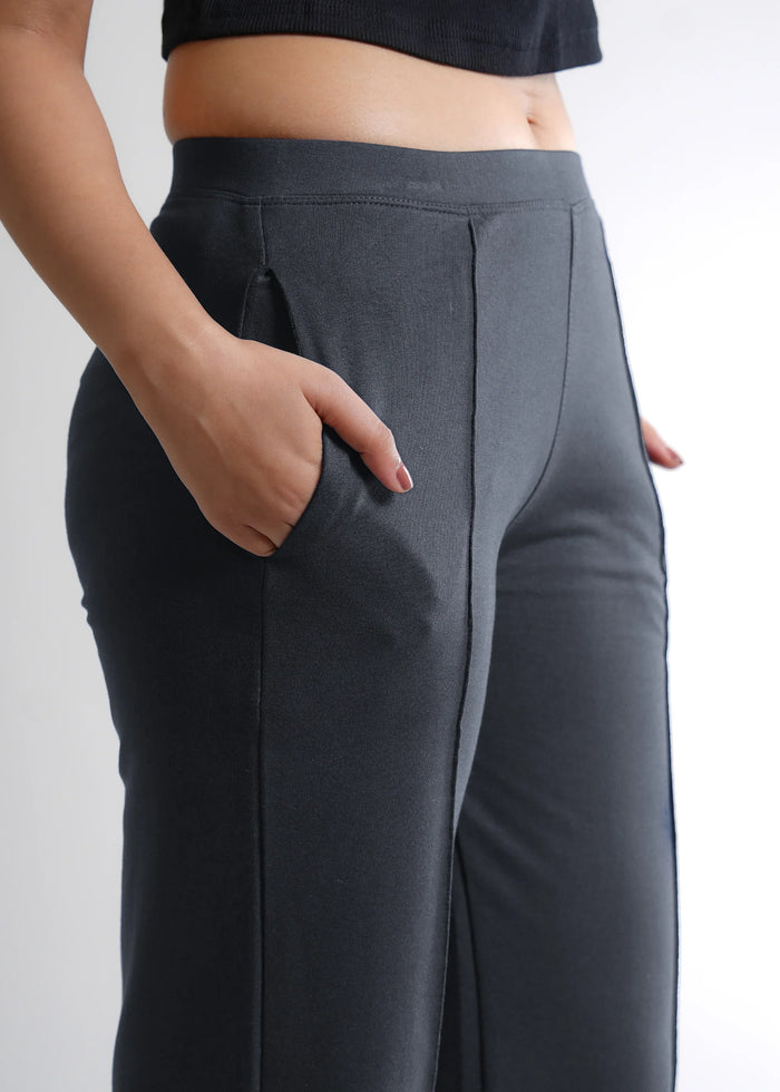 Dark Gray Cotton Wide Flared All-Day Trousers for Women – Comfortable Work & Casual Wear