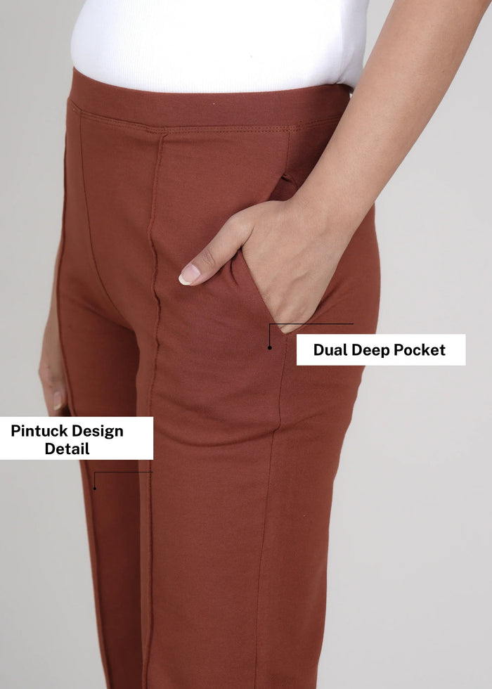 Rust Cotton Wide Flared All-Day Trousers for Women – Comfortable Work & Casual Wear
