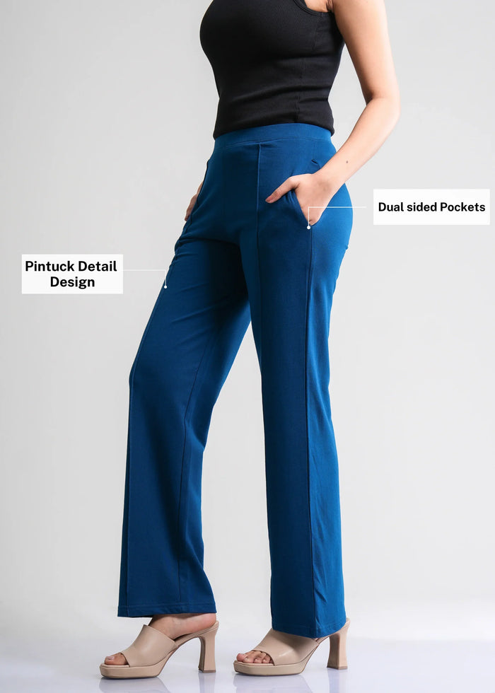 Flurr Women's Blue Cotton Wide Leg Trousers - Comfortable Work & Casual Wear