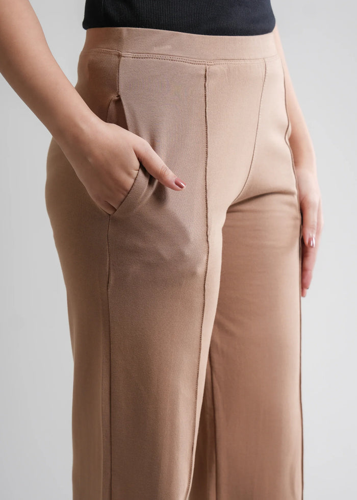 Beige Cotton Wide Flared All-Day Trousers for Women – Comfortable Work & Casual Wear