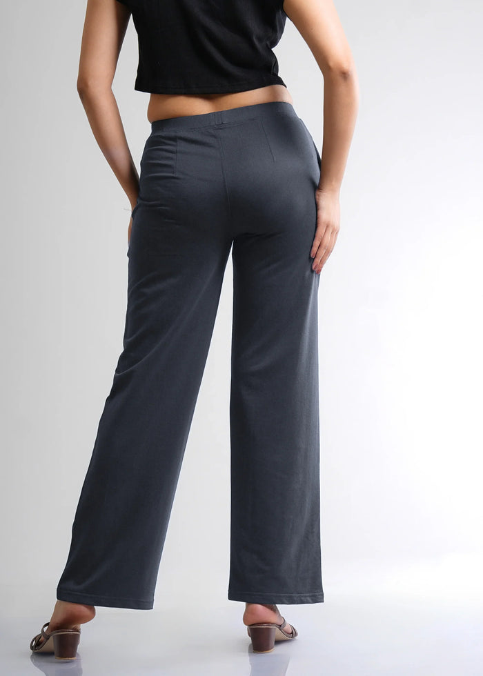 Dark Gray Cotton Wide Flared All-Day Trousers for Women – Comfortable Work & Casual Wear