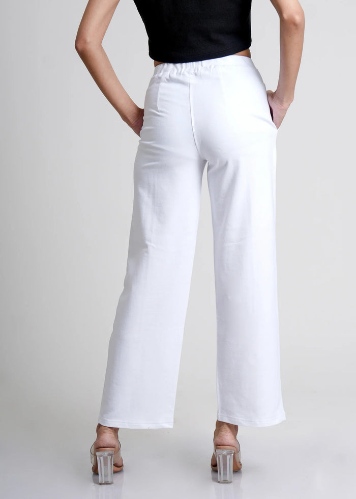 White Cotton Wide Flared All-Day Trousers for Women – Comfortable Work & Casual Wear