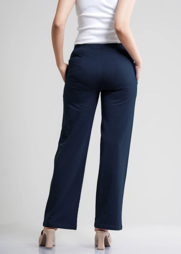 Navy Cotton Wide Flared All-Day Trousers for Women – Comfortable Work & Casual Wear