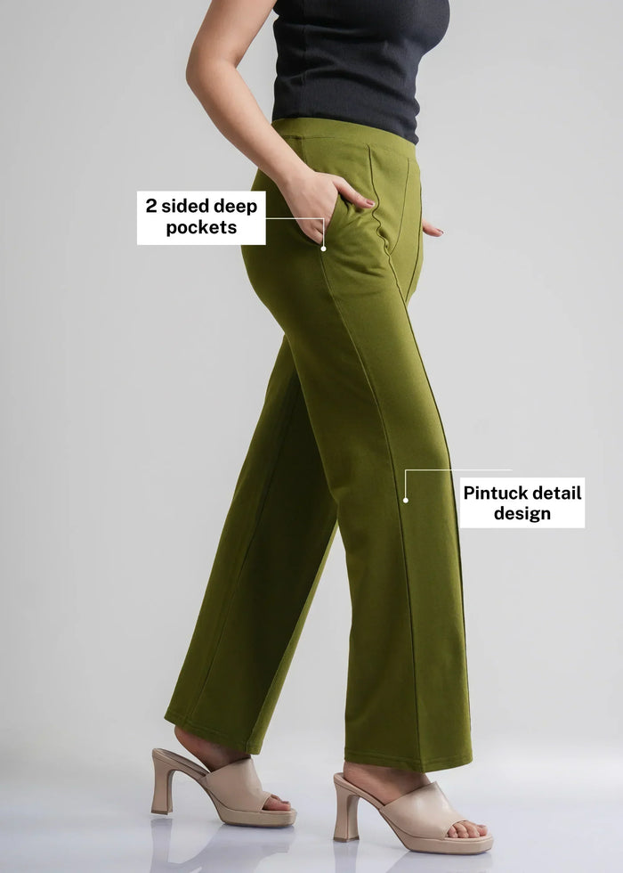 Dark Olive Wide Flared All-Day Trousers for Women – Comfortable Work & Casual Wear