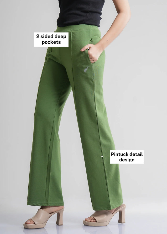 Flurr Women's Green Cotton Wide Leg Trousers - Comfortable Work & Casual Wear