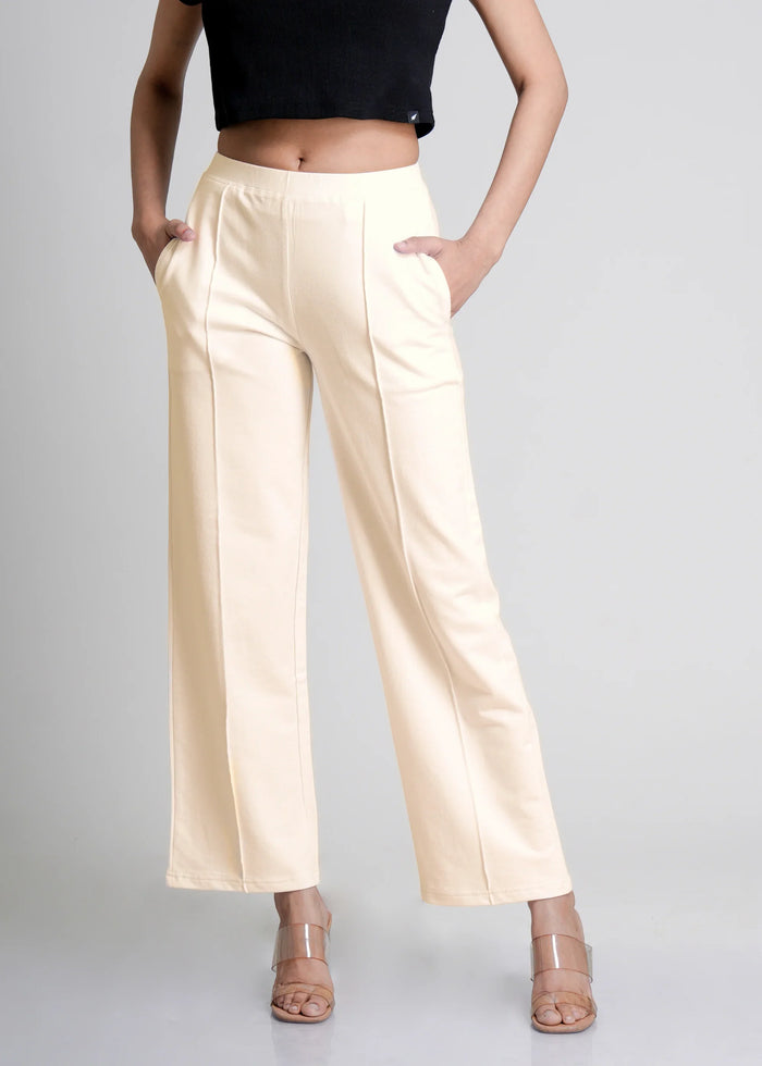 Off-White Cotton Wide Flared All-Day Trousers for Women – Comfortable Work & Casual Wear