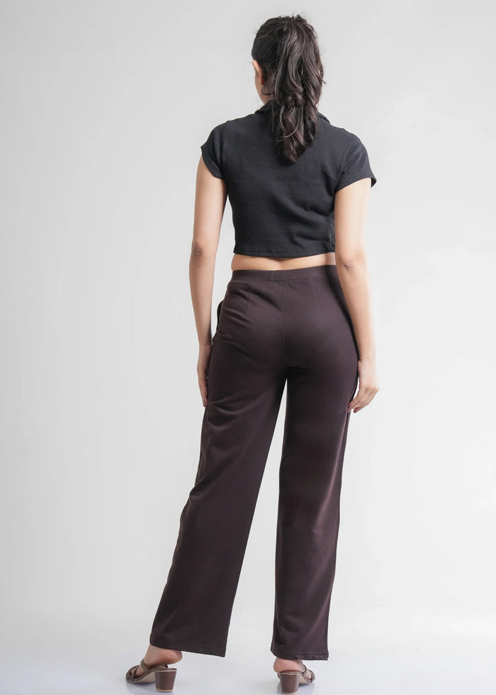 Flurr Women's Brown Cotton Wide Leg Trousers - Comfortable Work & Casual Wear
