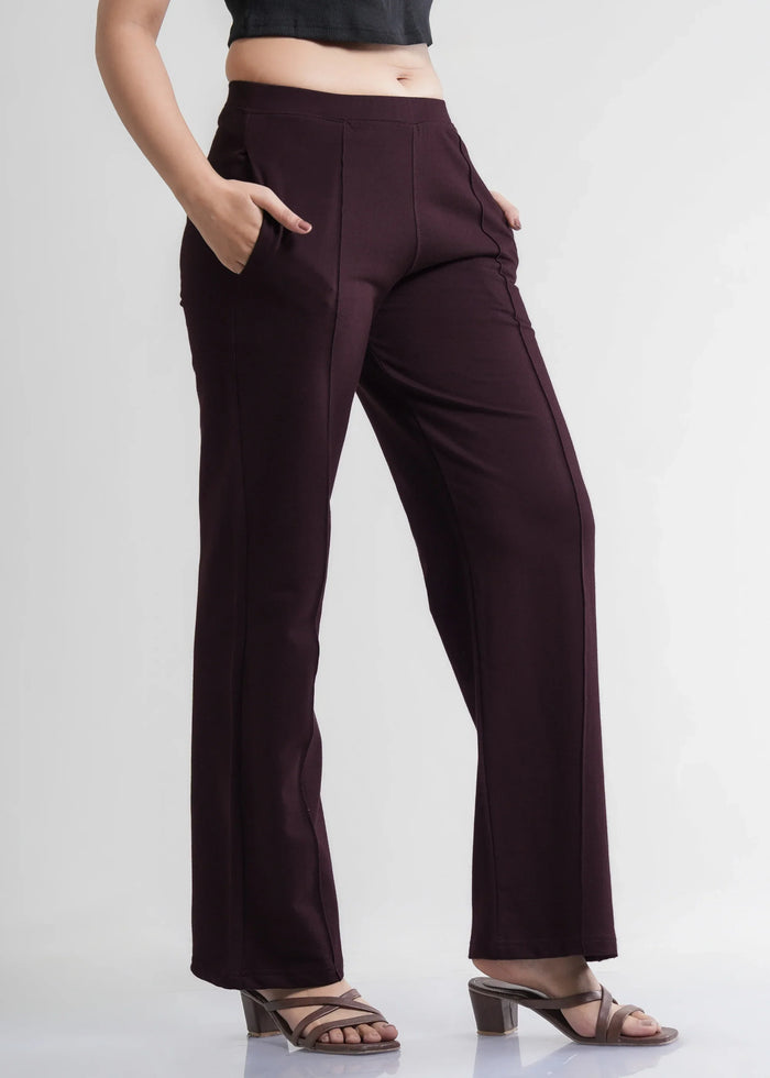Flurr Women's Wine Cotton Wide Leg Trousers - Comfortable Work & Casual Wear