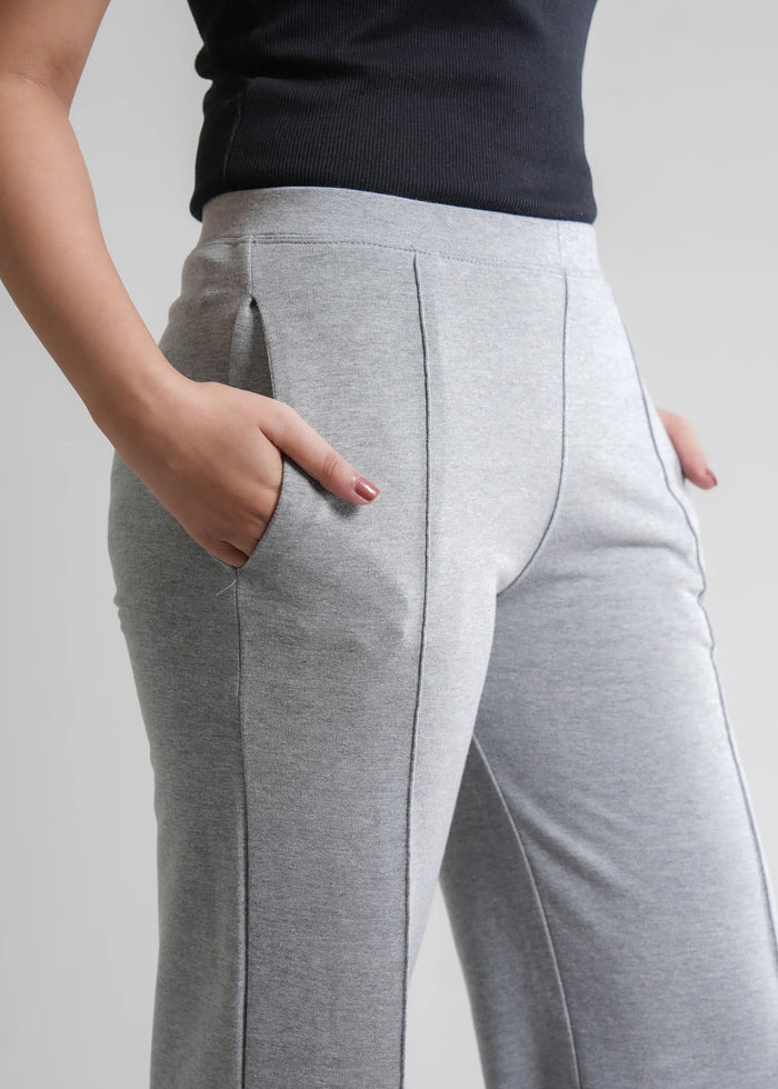 Flurr Women's Light Grey Cotton Wide Leg Trousers - Comfortable Work & Casual Wear