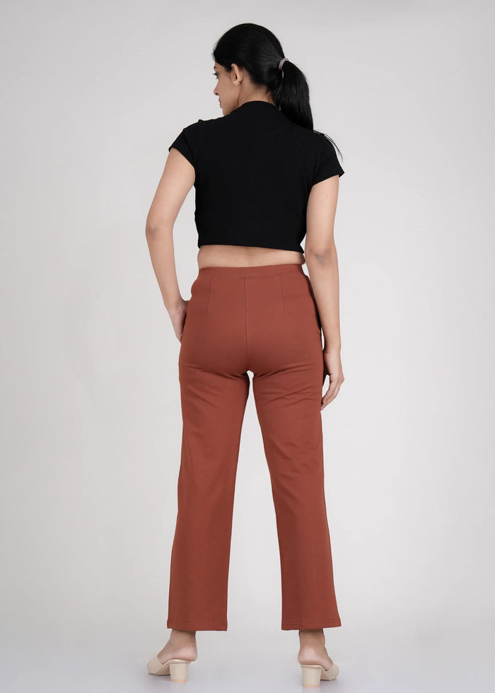 Rust Cotton Wide Flared All-Day Trousers for Women – Comfortable Work & Casual Wear