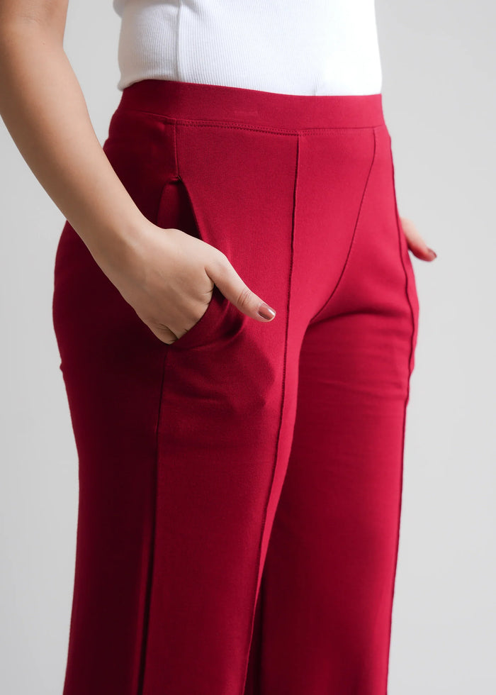 Flurr Women's Red Cotton Wide Leg Trousers - Comfortable Work & Casual Wear