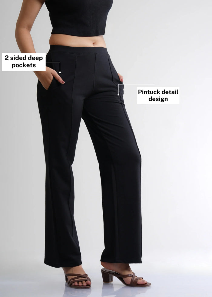 Flurr Women's Black Cotton Wide Leg Trousers - Comfortable Work & Casual Wear