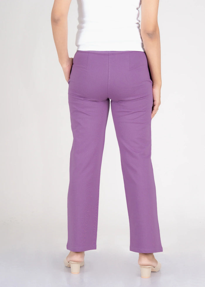 Purple Cotton Pintuck Wide Flared All-Day Trousers for Women – Comfortable Work & Casual Wear