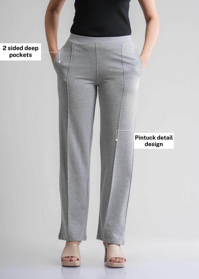 Flurr Women's Light Grey Cotton Wide Leg Trousers - Comfortable Work & Casual Wear