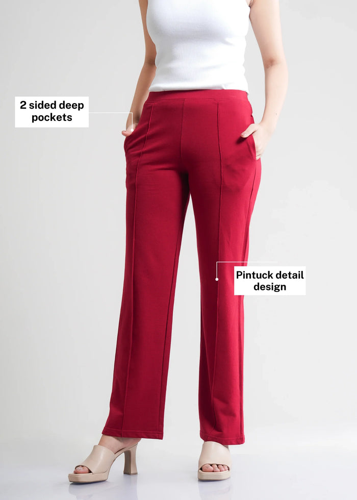 Flurr Women's Red Cotton Wide Leg Trousers - Comfortable Work & Casual Wear