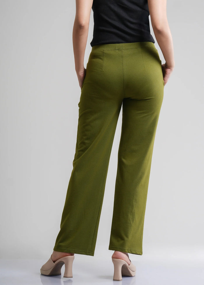 Dark Olive Wide Flared All-Day Trousers for Women – Comfortable Work & Casual Wear