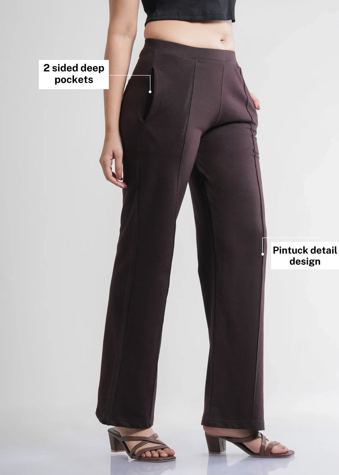 Flurr Women's Brown Cotton Wide Leg Trousers - Comfortable Work & Casual Wear
