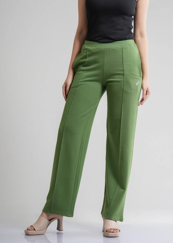 Flurr Women's Green Cotton Wide Leg Trousers - Comfortable Work & Casual Wear