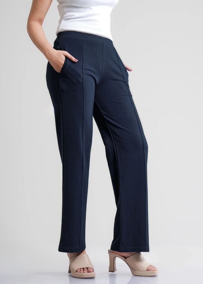 Navy Cotton Wide Flared All-Day Trousers for Women – Comfortable Work & Casual Wear