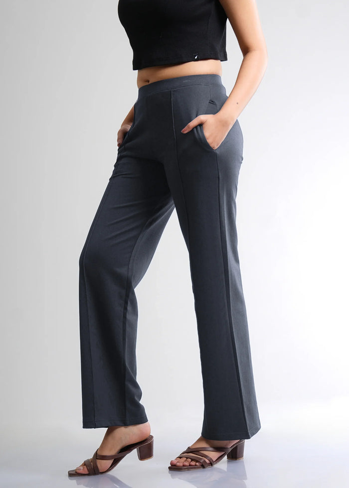 Dark Gray Cotton Wide Flared All-Day Trousers for Women – Comfortable Work & Casual Wear