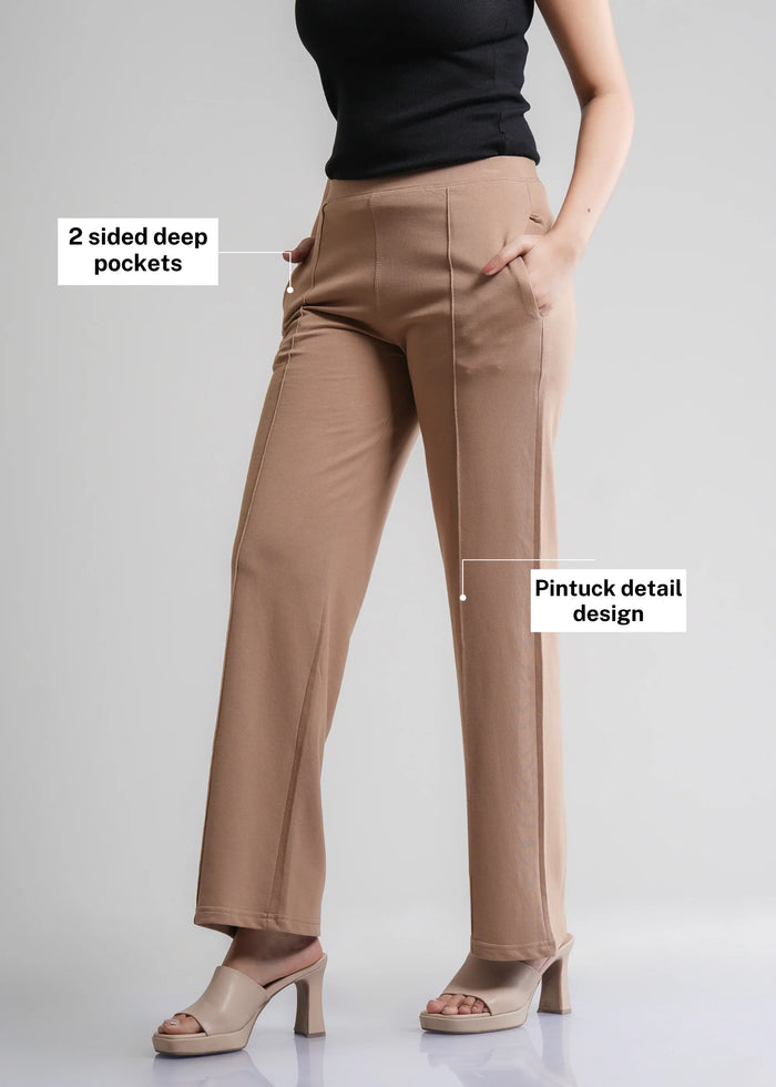 Beige Cotton Wide Flared All-Day Trousers for Women – Comfortable Work & Casual Wear