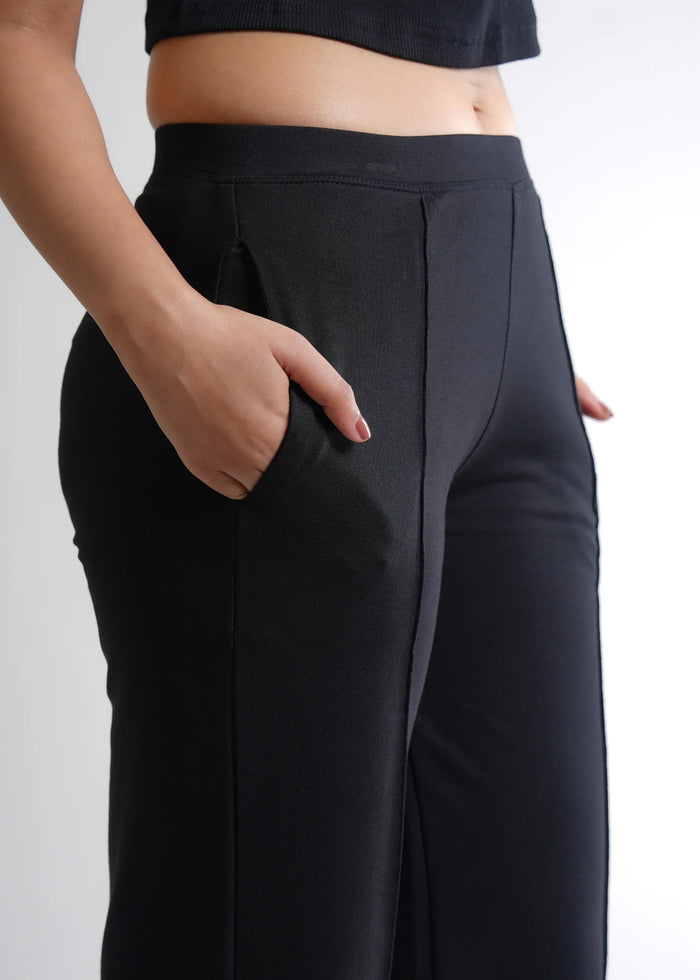 Flurr Women's Black Cotton Wide Leg Trousers - Comfortable Work & Casual Wear