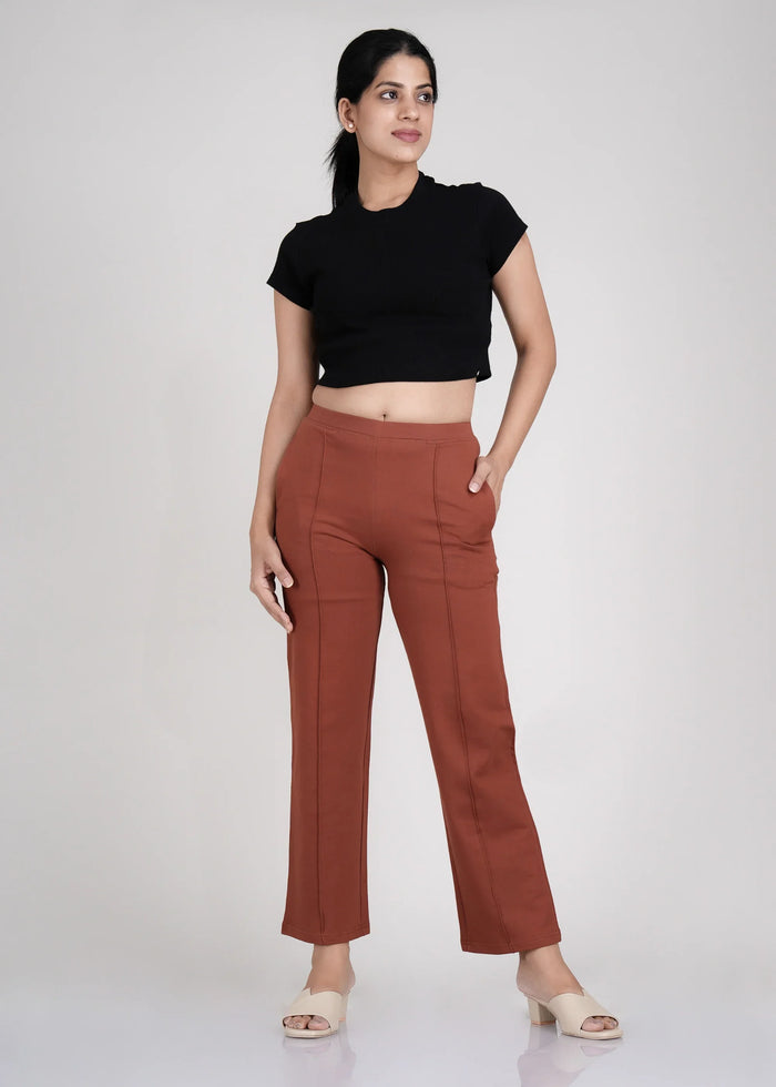 Rust Cotton Wide Flared All-Day Trousers for Women – Comfortable Work & Casual Wear