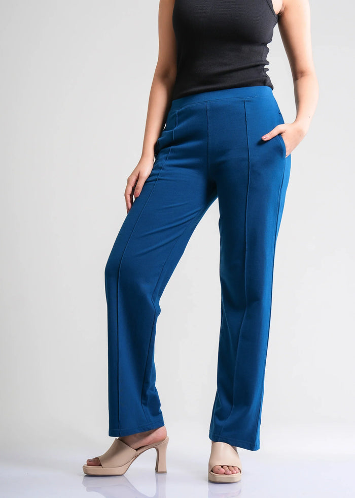 Flurr Women's Blue Cotton Wide Leg Trousers - Comfortable Work & Casual Wear
