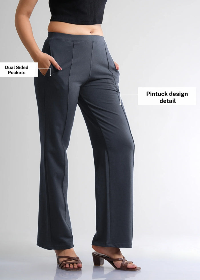 Dark Gray Cotton Wide Flared All-Day Trousers for Women – Comfortable Work & Casual Wear